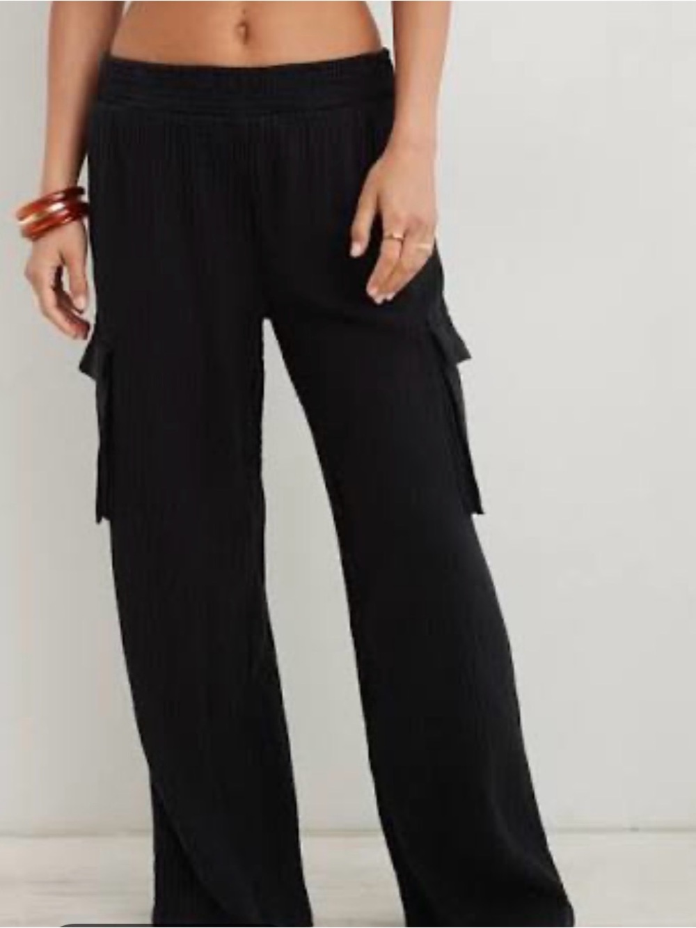aerie Black Women's Cargo Gauze Pants with Elastic Waist